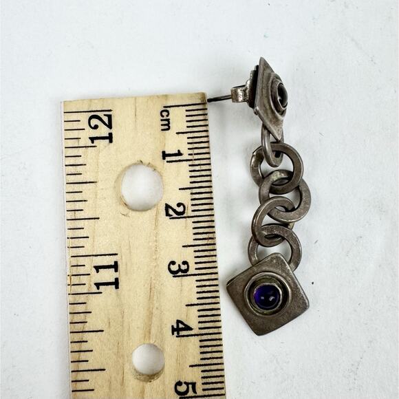 Vintage SCB Earrings 925 Sterling Silver Real Amethyst Purple Yellow Stone Chain - Picture 6 of 13